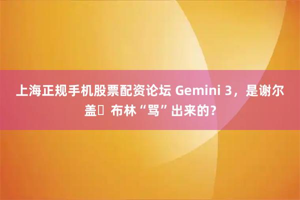 上海正规手机股票配资论坛 Gemini 3，是谢尔盖・布林“骂”出来的？